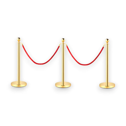 Gold Queue Bollard Post Set of 3 Posts + 2 Red Ropes