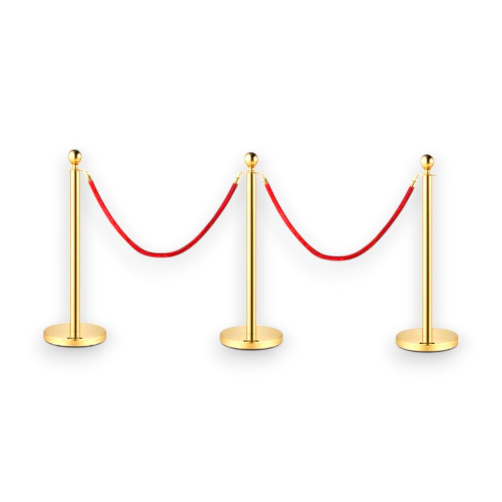 Gold Queue Bollard Post Set of 3 Posts + 2 Red Ropes – Safety Elite