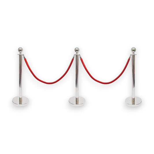 Silver Queue Bollard Post Set of 3 Posts + 2 Red Ropes