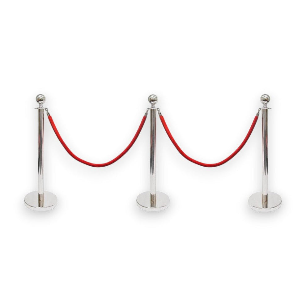 Silver Queue Bollard Post Set of 3 Posts + 2 Red Ropes – Safety Elite