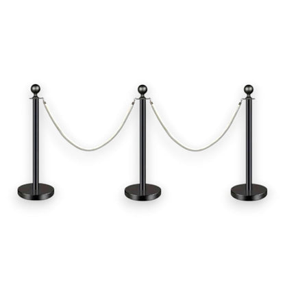Black Queue Bollard Post Set of 3 Posts + 2 White Ropes