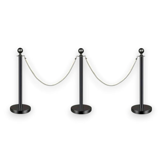 Black Queue Bollard Post Set of 3 Posts + 2 White Ropes