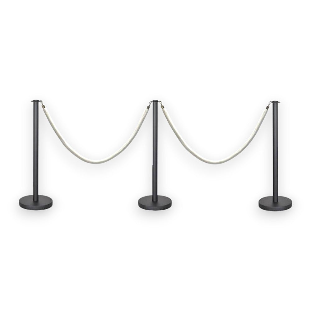 Black Stanchions Crowd Control Set of 3 Posts + 2 White Ropes