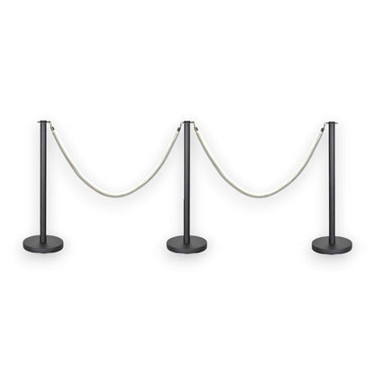 Black Stanchions Crowd Control Set of 3 Posts + 2 White Ropes