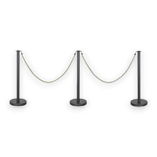 Black Stanchions Crowd Control Set of 3 Posts + 2 White Ropes