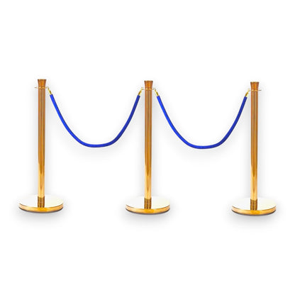 Gold Crowd Control Bollards Set of 3 Posts + 2 Blue Ropes