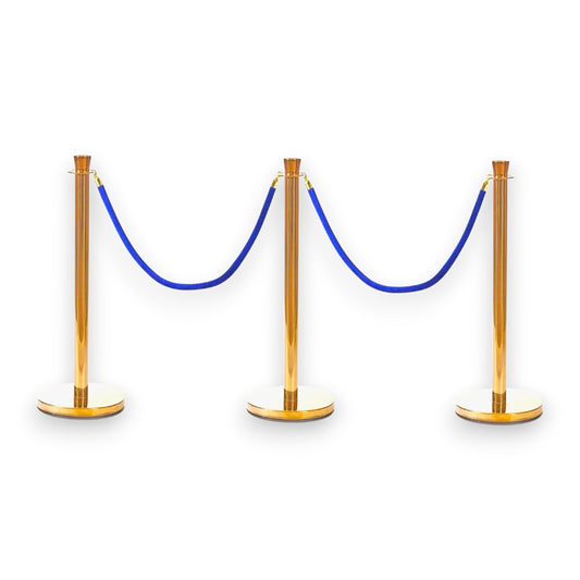 Gold Crowd Control Bollards Set of 3 Posts + 2 Blue Ropes