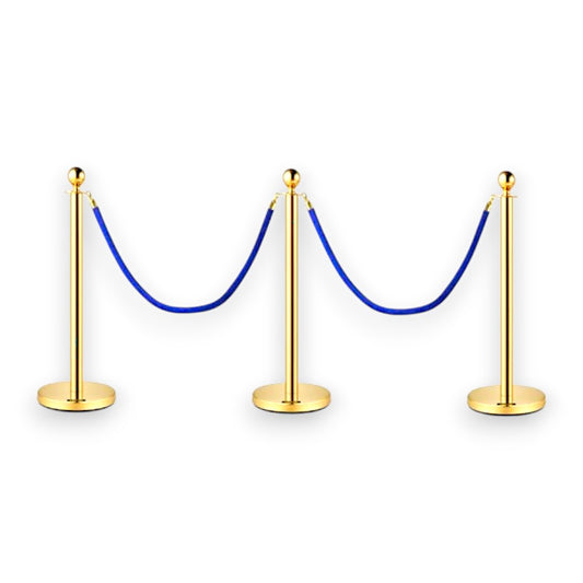 Gold Queue Bollard Post Set of 3 Posts + 2 Blue Ropes