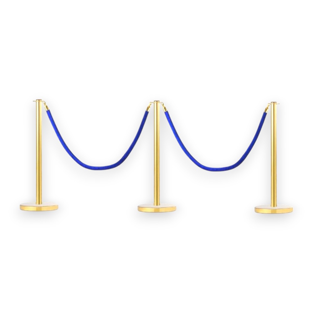 Gold Stanchions Crowd Control Set of 3 Posts + 2 Blue Ropes