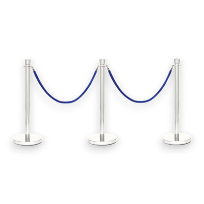 Silver Crowd Control Bollards Set of 3 Posts + 2 Blue Ropes