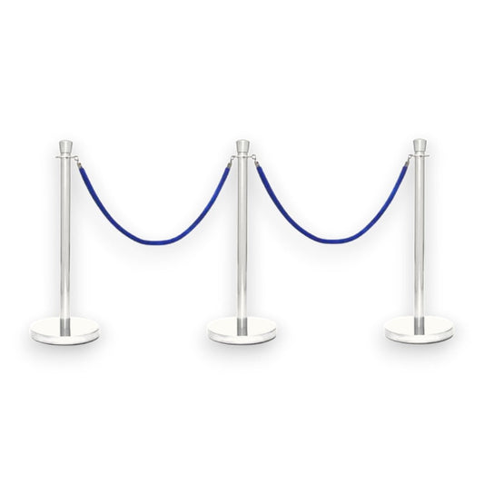 Silver Crowd Control Bollards Set of 3 Posts + 2 Blue Ropes