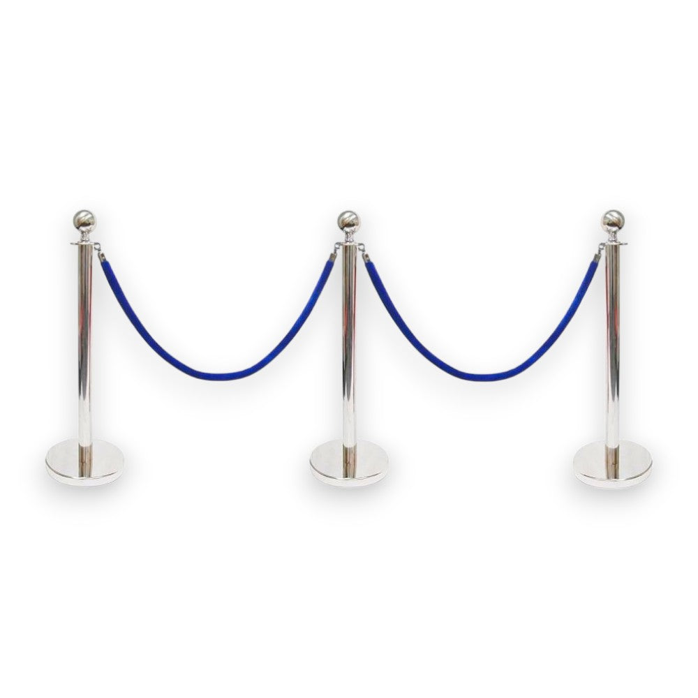 Silver Queue Bollard Post Set of 3 Posts + 2 Blue Ropes