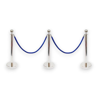 Silver Queue Bollard Post Set of 3 Posts + 2 Blue Ropes
