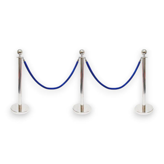 Silver Queue Bollard Post Set of 3 Posts + 2 Blue Ropes