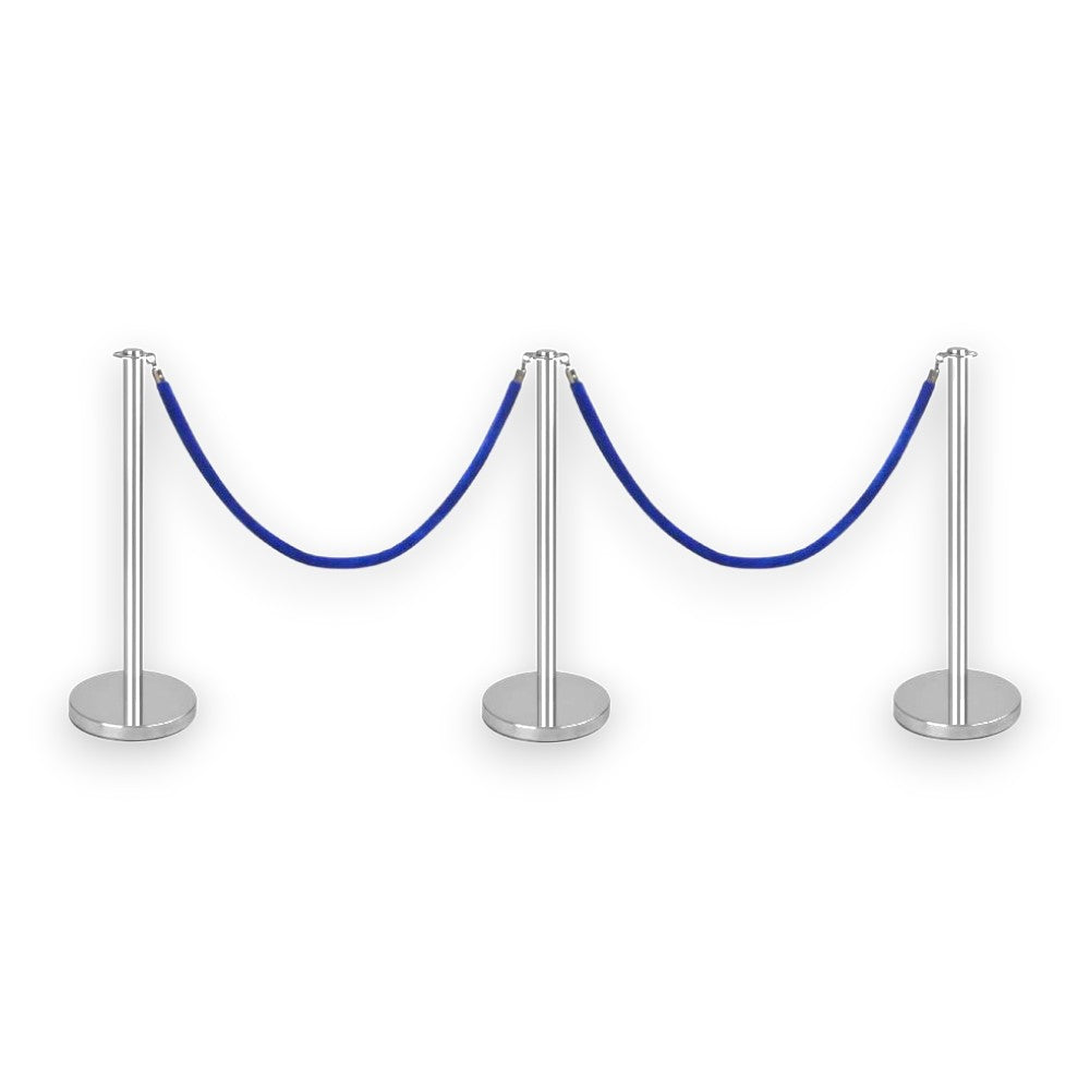 Silver Stanchions Crowd Control Set of 3 Posts + 2 Blue Ropes