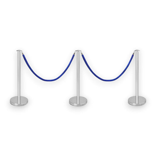 Silver Stanchions Crowd Control Set of 3 Posts + 2 Blue Ropes
