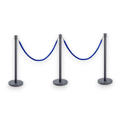 Black Crowd Control Bollards Set of 3 Posts + 2 Blue Ropes