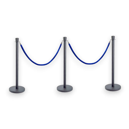 Black Crowd Control Bollards Set of 3 Posts + 2 Blue Ropes