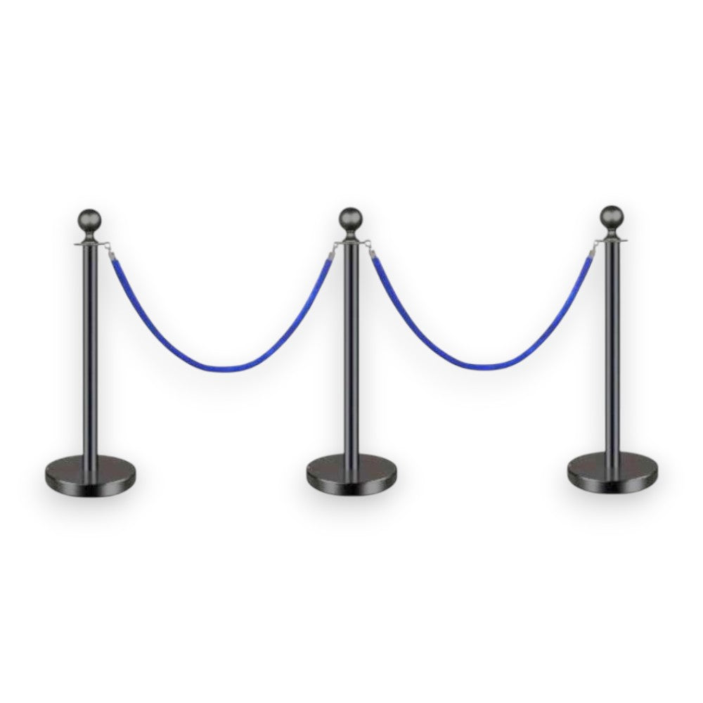Black Queue Bollard Post Set of 3 Posts + 2 Blue Ropes