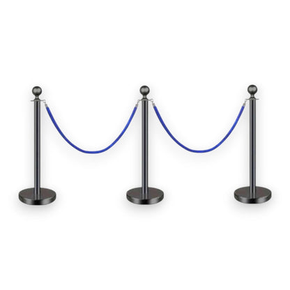 Black Queue Bollard Post Set of 3 Posts + 2 Blue Ropes