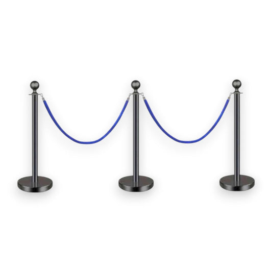 Black Queue Bollard Post Set of 3 Posts + 2 Blue Ropes