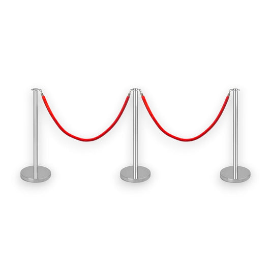 Silver Stanchions Crowd Control Set of 3 Posts + 2 Red Ropes