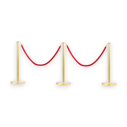 Gold Stanchions Crowd Control Set of 3 Posts + 2 Red Ropes