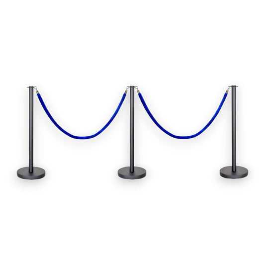 Black Stanchions Crowd Control Set of 3 Posts + 2 Blue Ropes