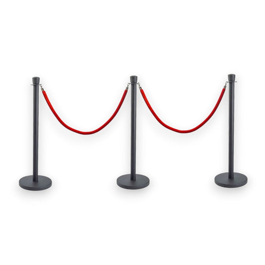 Black Crowd Control Bollards Set of 3 Posts + 2 Red Ropes