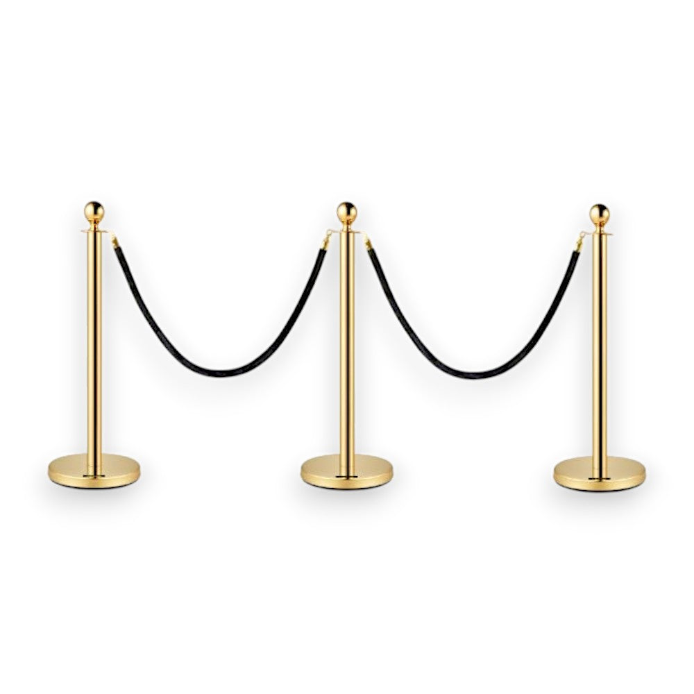Gold Queue Bollard Post Set of 3 Posts + 2 Black Ropes