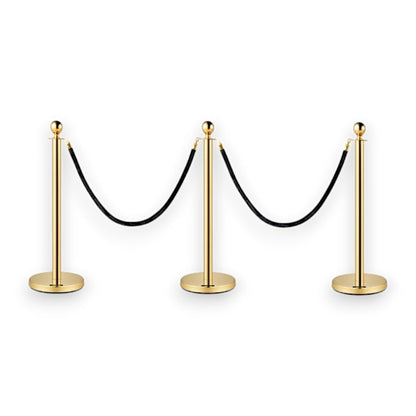 Gold Queue Bollard Post Set of 3 Posts + 2 Black Ropes