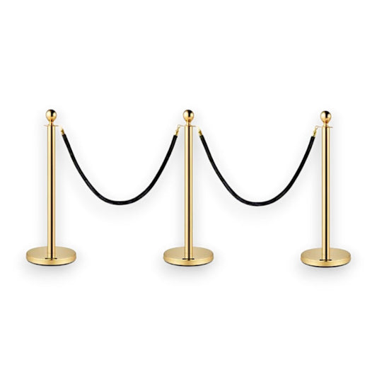 Gold Queue Bollard Post Set of 3 Posts + 2 Black Ropes