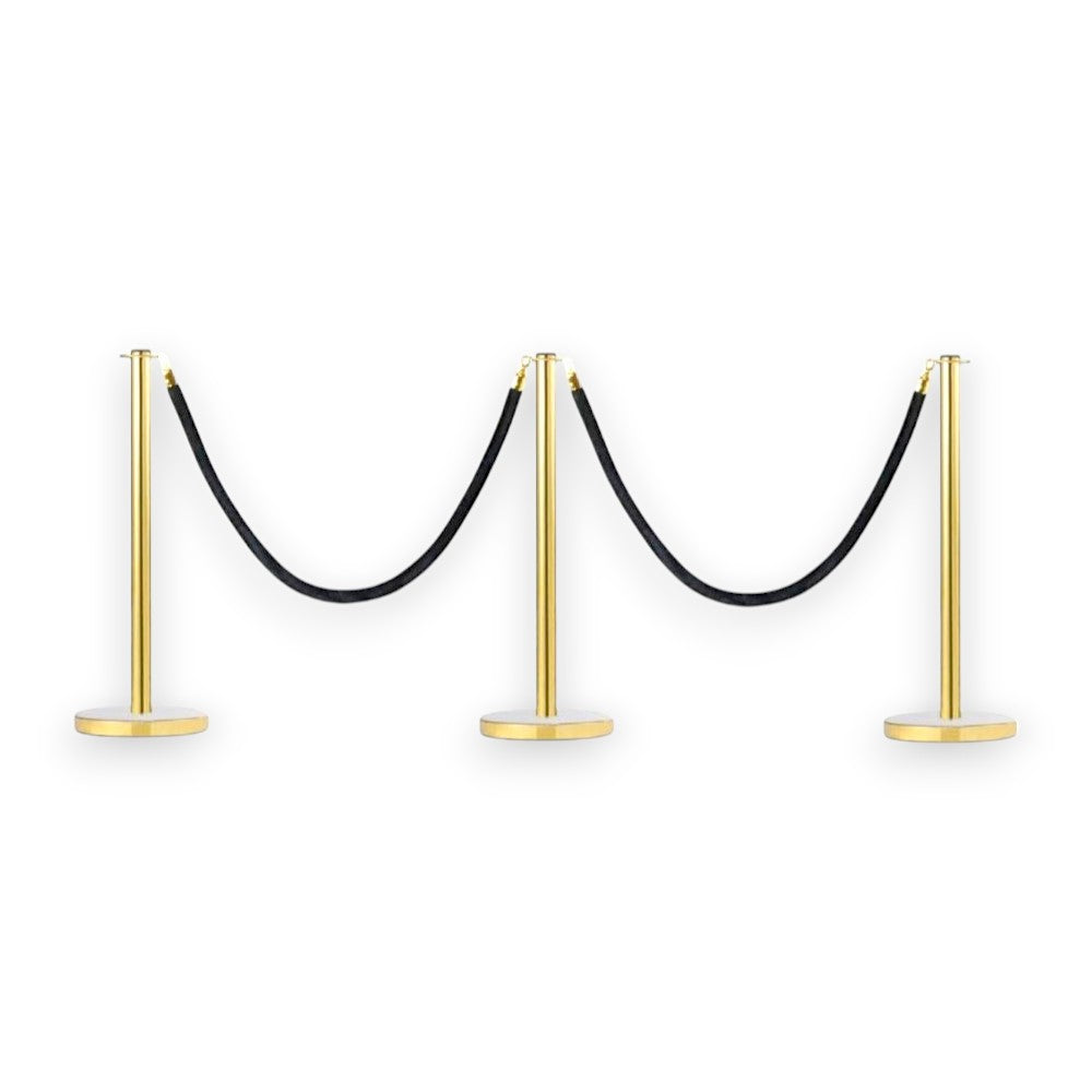 Gold Stanchions Crowd Control Set of 3 Posts + 2 Black Ropes