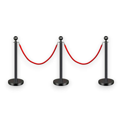 Black Queue Bollard Post Set of 3 Posts + 2 Red Ropes