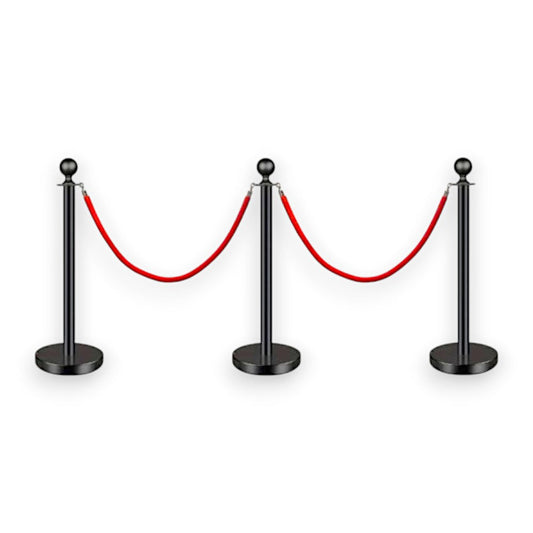 Black Queue Bollard Post Set of 3 Posts + 2 Red Ropes