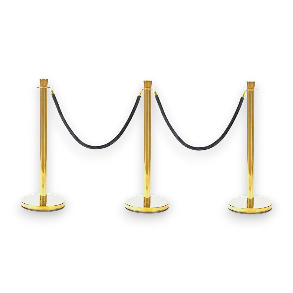 Gold Crowd Control Bollards Set of 3 Posts + 2 Black Ropes