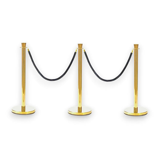 Gold Crowd Control Bollards Set of 3 Posts + 2 Black Ropes