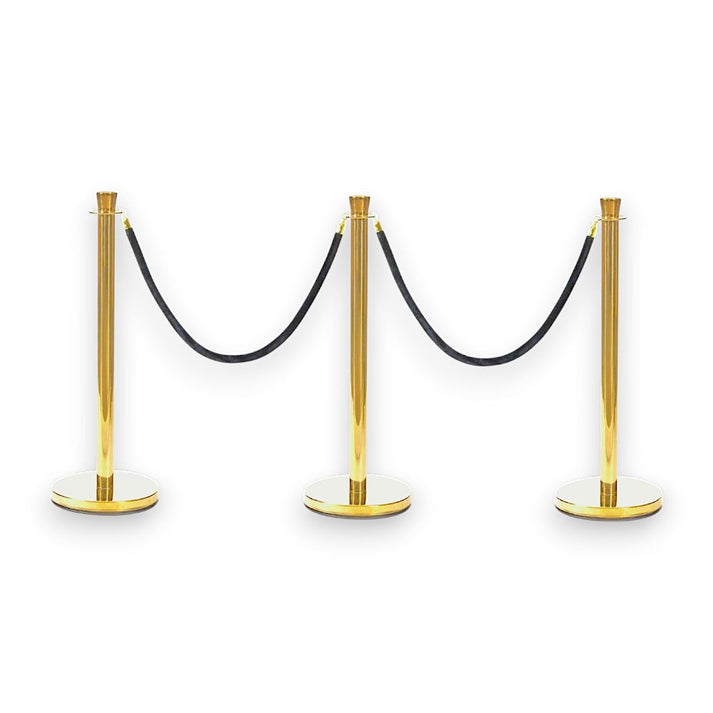 Gold Crowd Control Bollards Set of 3 Posts + 2 Black Ropes – Safety Elite