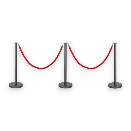 Black Stanchions Crowd Control Set of 3 Posts + 2 Red Ropes