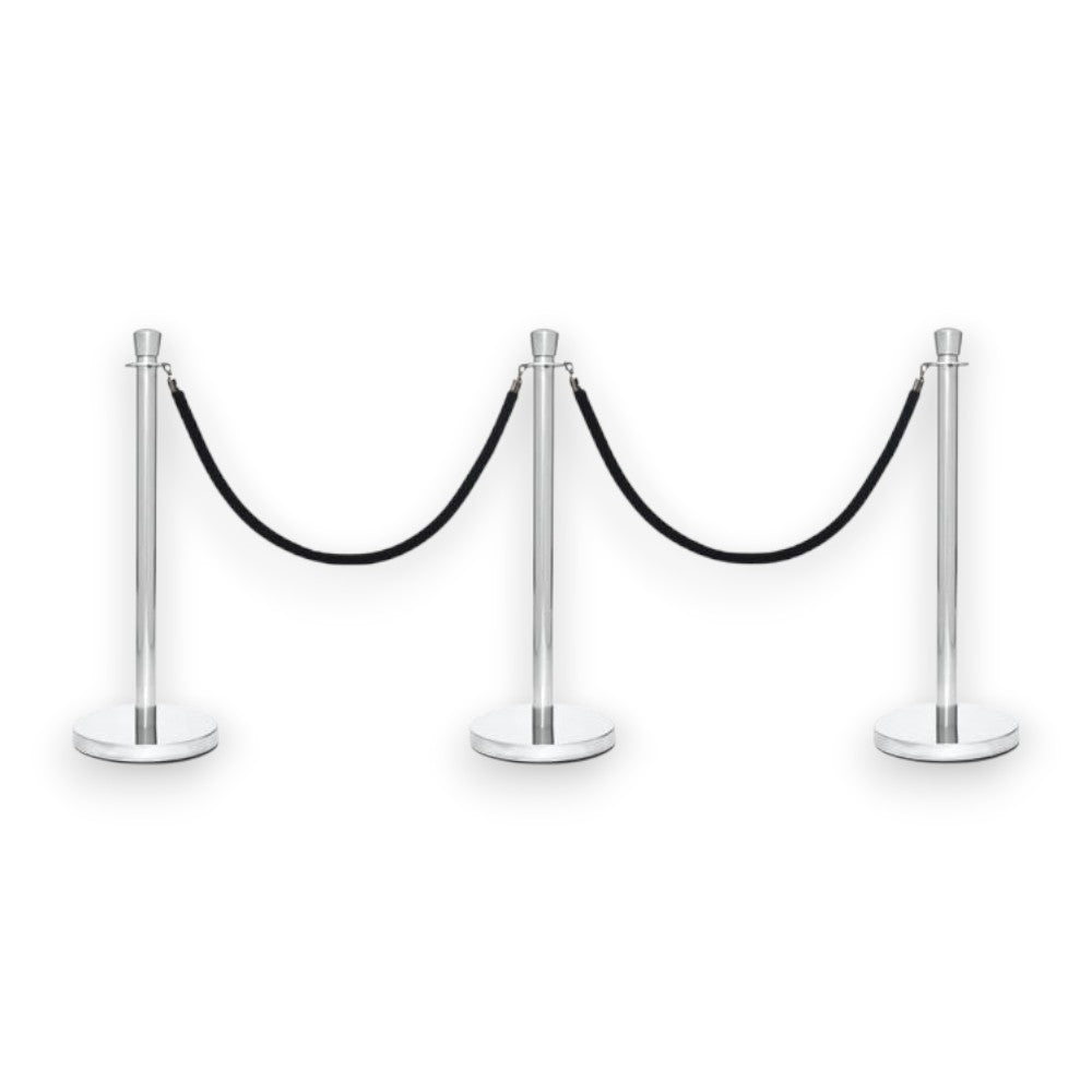 Silver Crowd Control Bollards Set of 3 Posts + 2 Black Ropes