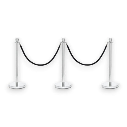 Silver Crowd Control Bollards Set of 3 Posts + 2 Black Ropes