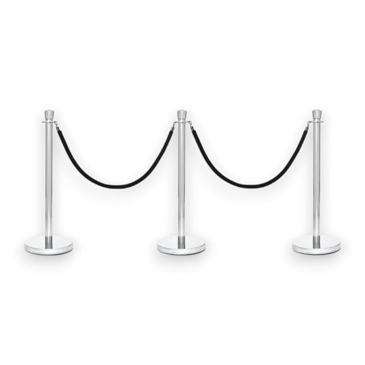 Silver Crowd Control Bollards Set of 3 Posts + 2 Black Ropes