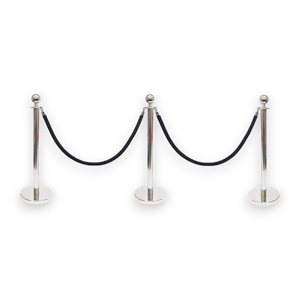 Silver Queue Bollard Post Set of 3 Posts + 2 Black Ropes