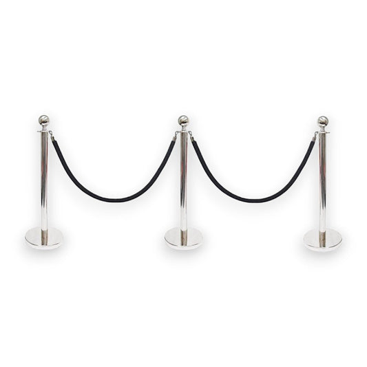 Silver Queue Bollard Post Set of 3 Posts + 2 Black Ropes