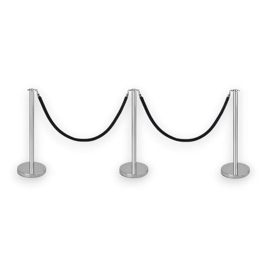 Silver Stanchions Crowd Control Set of 3 Posts + 2 Black Ropes
