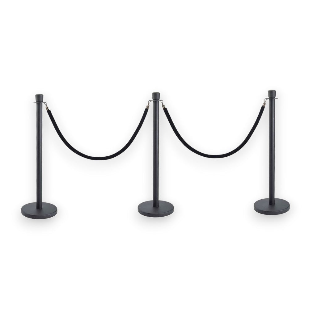 Black Crowd Control Bollards Set of 3 Posts + 2 Black Ropes