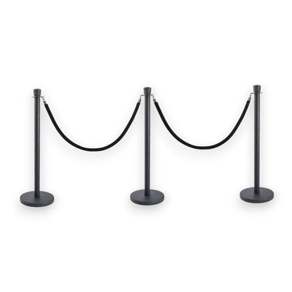 Black Crowd Control Bollards Set of 3 Posts + 2 Black Ropes