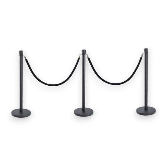 Black Crowd Control Bollards Set of 3 Posts + 2 Black Ropes