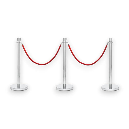 Silver Crowd Control Bollards Set of 3 Posts + 2 Red Ropes