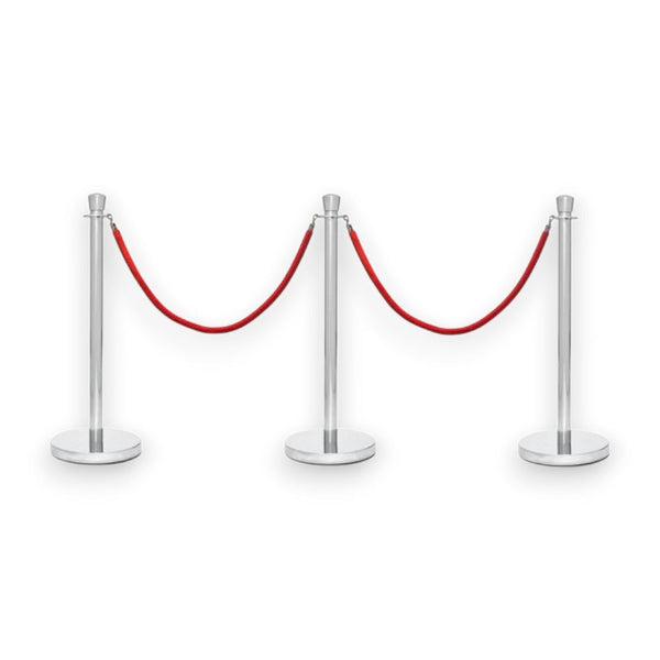 Silver Crowd Control Bollards Set of 3 Posts + 2 Red Ropes – Safety Elite